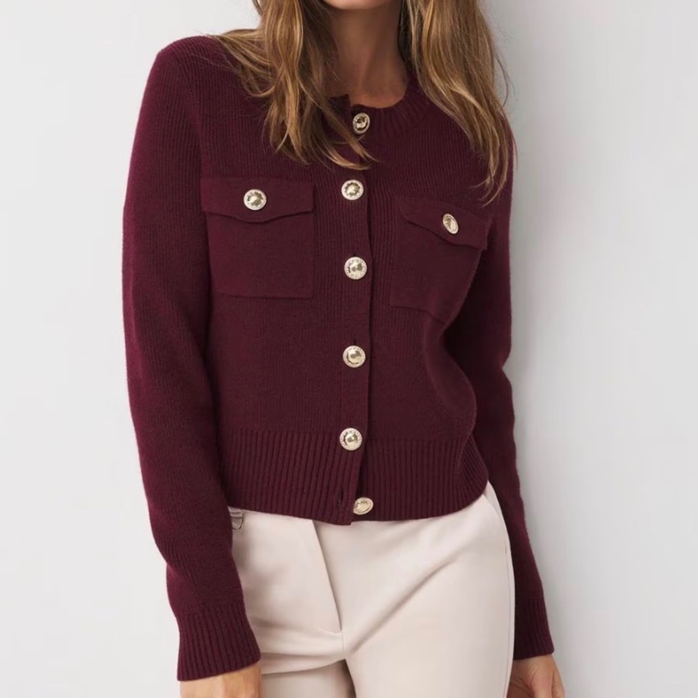 White House Black Market Burgundy Button-Front Cardigan